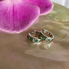 Load image into Gallery viewer, Emerald Huggie Earrings - Silver