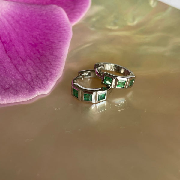Emerald Huggie Earrings - Silver